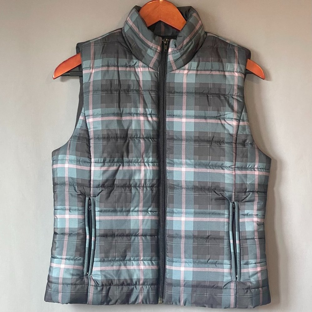 Ann Taylor LOFT Full-Zip Black Blue Green Plaid Puffer Vest Size S